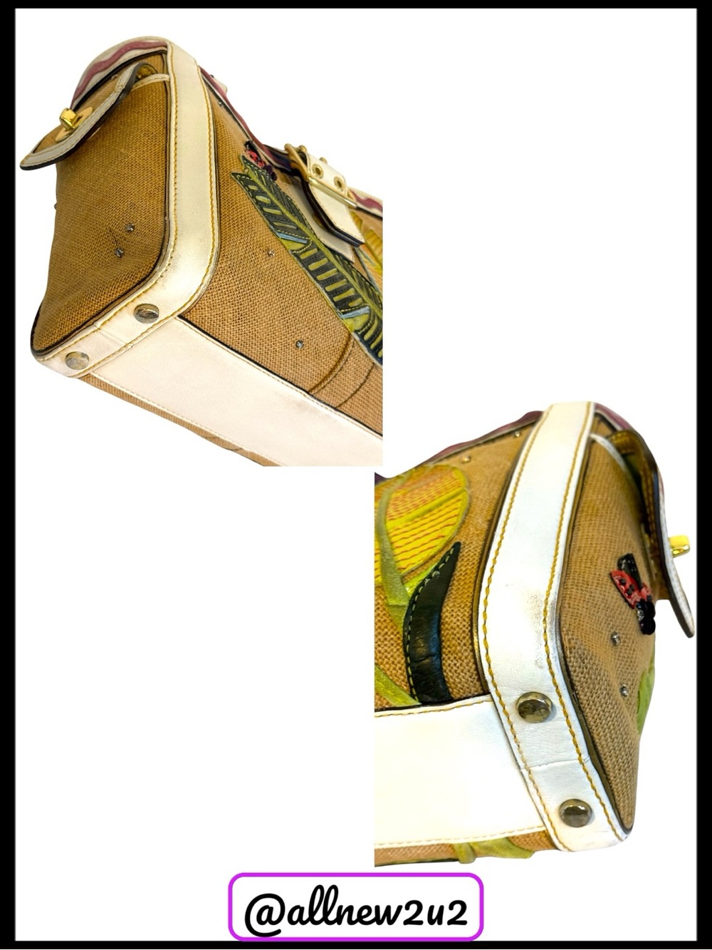 Coach Limited Edition Leafy Lady Bug Boxy Straw / Burlap & Leather Bag Host Pick - Picture 8 of 13